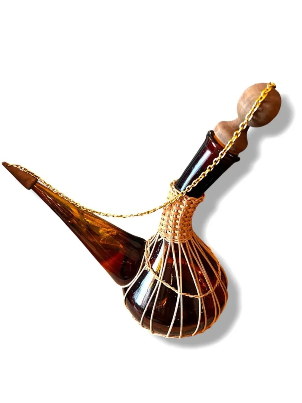 Vintage Spanish Amber Glass Wine Decanter With Rattan Wrap Cork And Cap